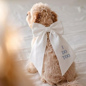 May include: A small, light brown dog wearing a large white bow with the text "I DO TOO" embroidered in light blue. The dog is facing away from the camera, with its fluffy fur visible. The bow is tied around the dog's neck and back.