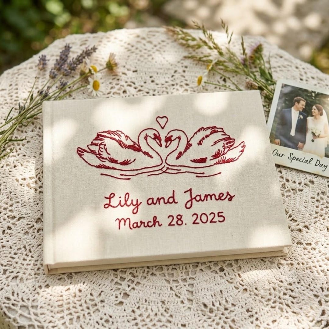 Personalized Hand Embroidered Swan Wedding Guest Book, Custom Linen Photo Album, Wedding Keepsake - A5 - 100 pages, 9