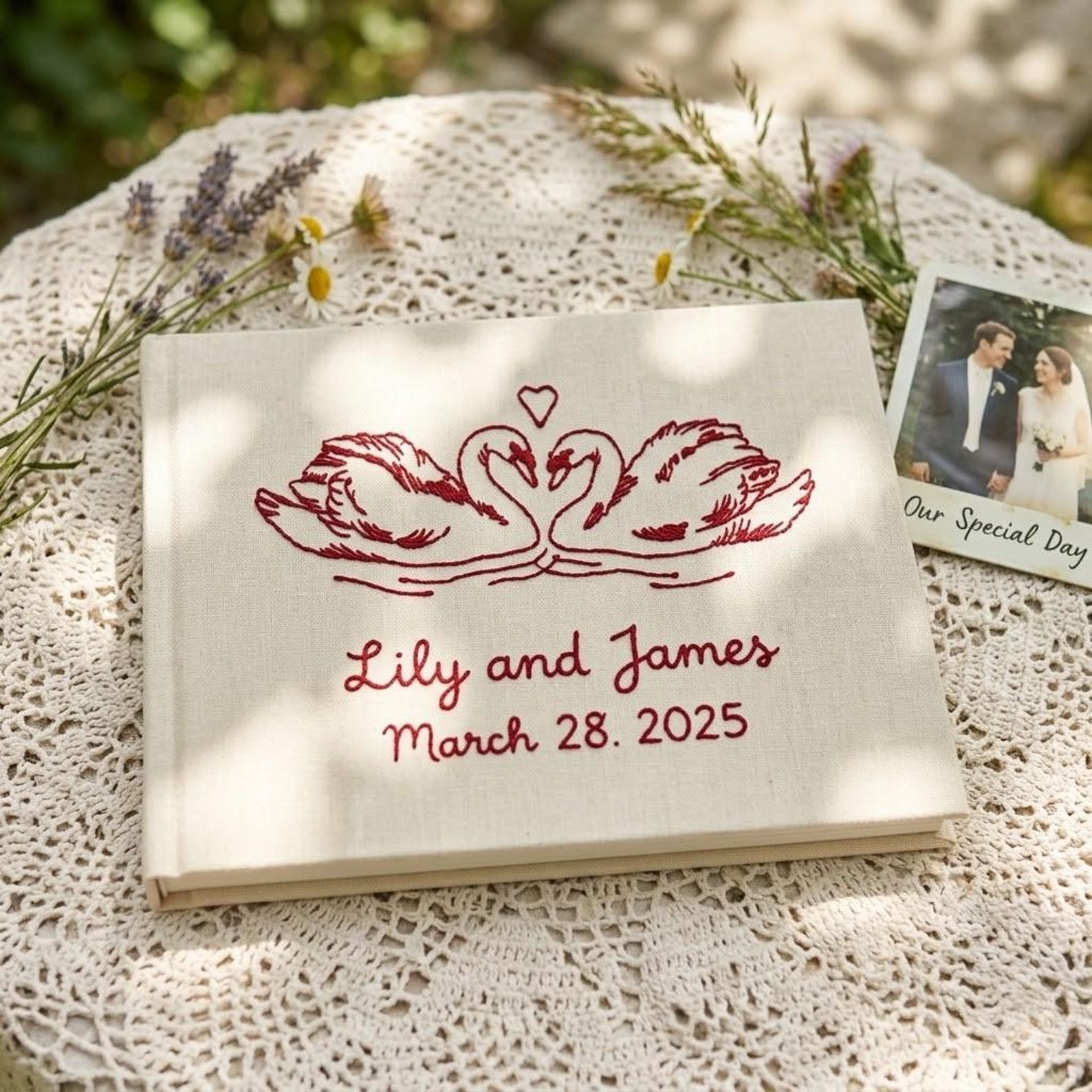 Personalized Hand Embroidered Swan Wedding Guest Book, Custom Linen Photo Album, Wedding Keepsake - A5 - 200 pages, 2