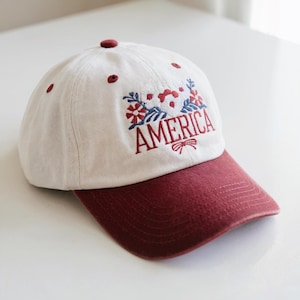 America Floral Embroidered Hat, Patriotic 4th of July Baseball Cap, Red White Blue USA Dad Hat,  Independence Day Cap, American Flag Cap