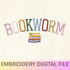BOOKWORM Embroidery Design, Digital Download Machine Embroidery File, Back to School Library Embroidery Pattern