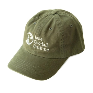 May include: Olive green baseball cap with the text "Jane Goodall Institute" in white. The cap has a curved brim and a button on top. The logo features a silhouette of a person and a chimpanzee.