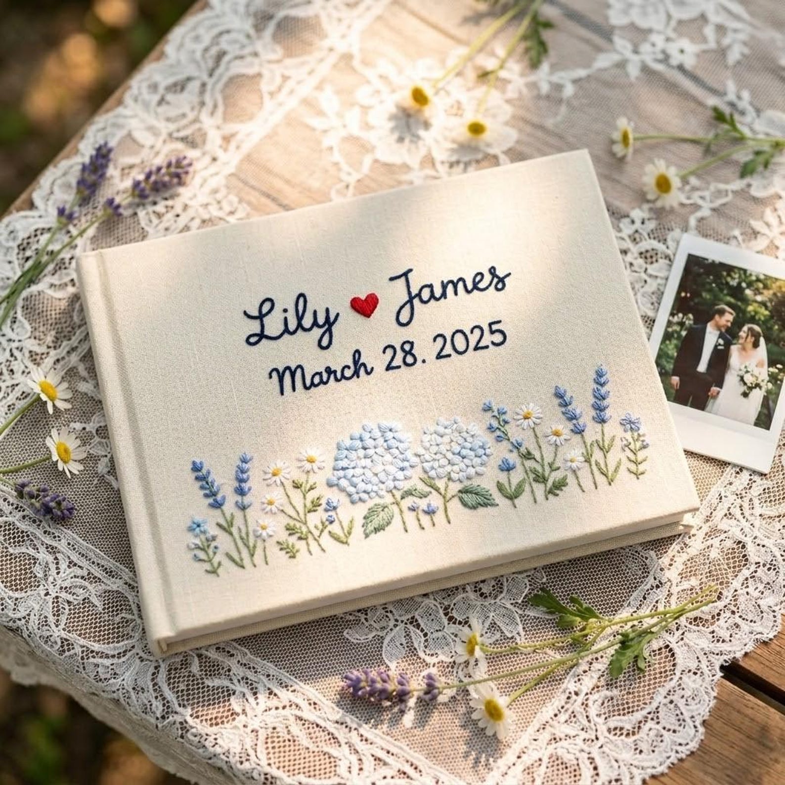 Personalized Hand Embroidered Hydrangea Wedding Guest Book, Custom Linen Photo Album, Memory Book Keepsake - A4 - 200 pages, 2