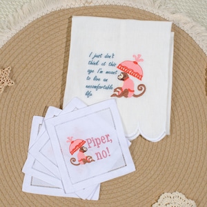 The Lotus Embroidered Linen Cocktail Napkins, Piper No Tsunami Lorazepam Napkins, Victoria Ratliff, the Lotus Resort Funny Party Gift