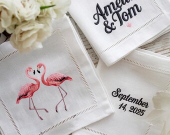 Flamingo Embroidered Linen Napkins, Cocktail Napkin Set, Wedding Decor, Handmade Tropical Bird Gift, Romantic Table Setting, Custom Napkins.