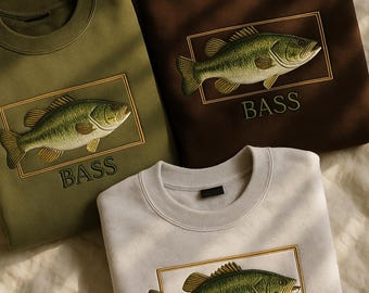 Embroidered Bass Sweatshirt, Embroidered Fish Sweatshirt, Fishermans Aesthetic, Gift For Him, Vintage Sweatshirt, Fishing Outfit, Bass