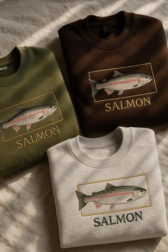 Embroidered Salmon Sweatshirt, Embroidered Fish Sweatshirt, Fishermans Aesthetic, Gift For Him, Vintage Sweatshirt, Fishing Outfit, Salmon