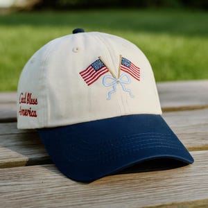 Patriotic Embroidery Flag Cap with Coquette Bow, 4th of July Accessory, Embroidered 4th of July Coquette Bow Hat in Red White and Blue