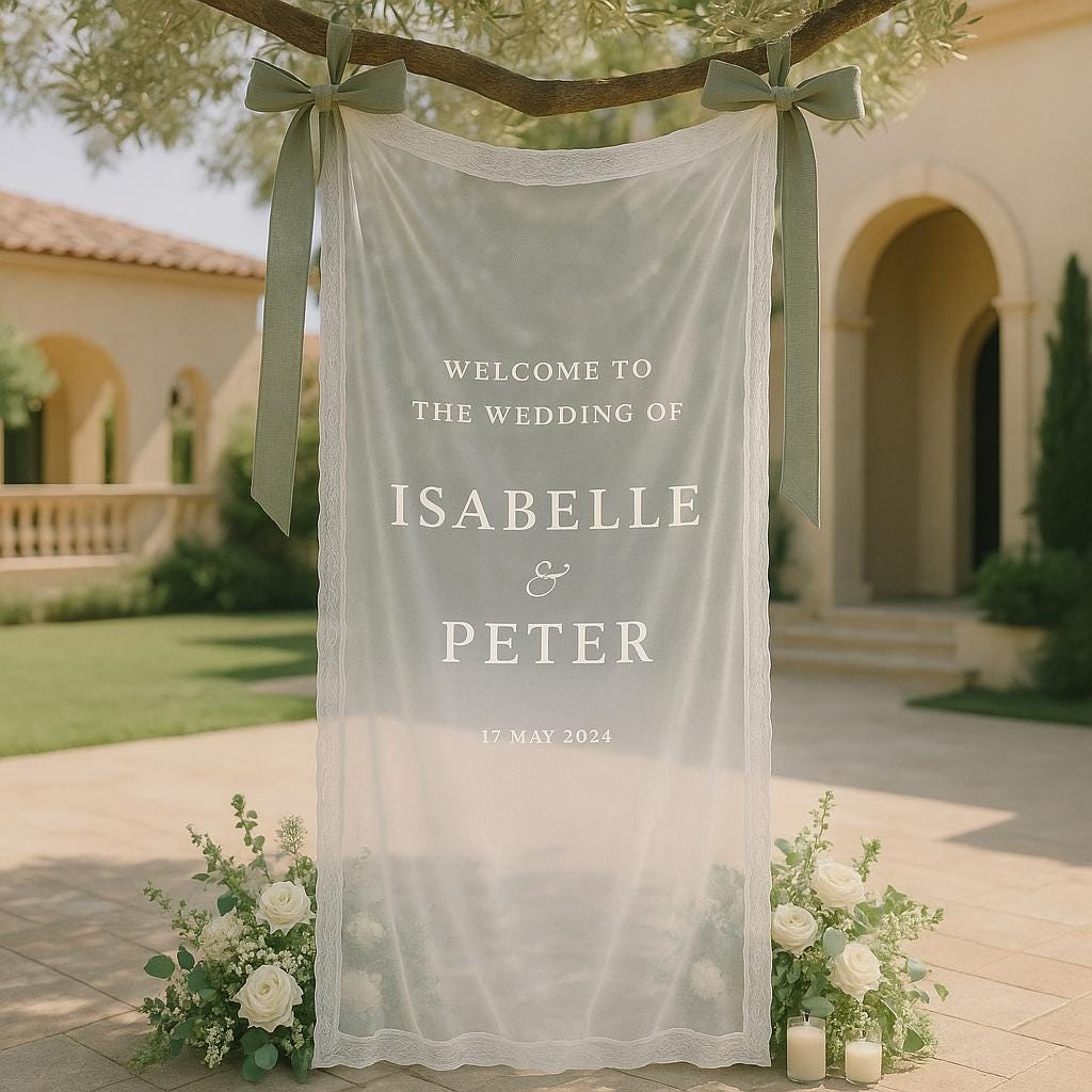 Custom Sheer Wedding Sign, Romantic Sheer Wedding Sign, Modern Outdoor Wedding Banner, Engagement Party Sign, Voile Wedding Welcome Sign