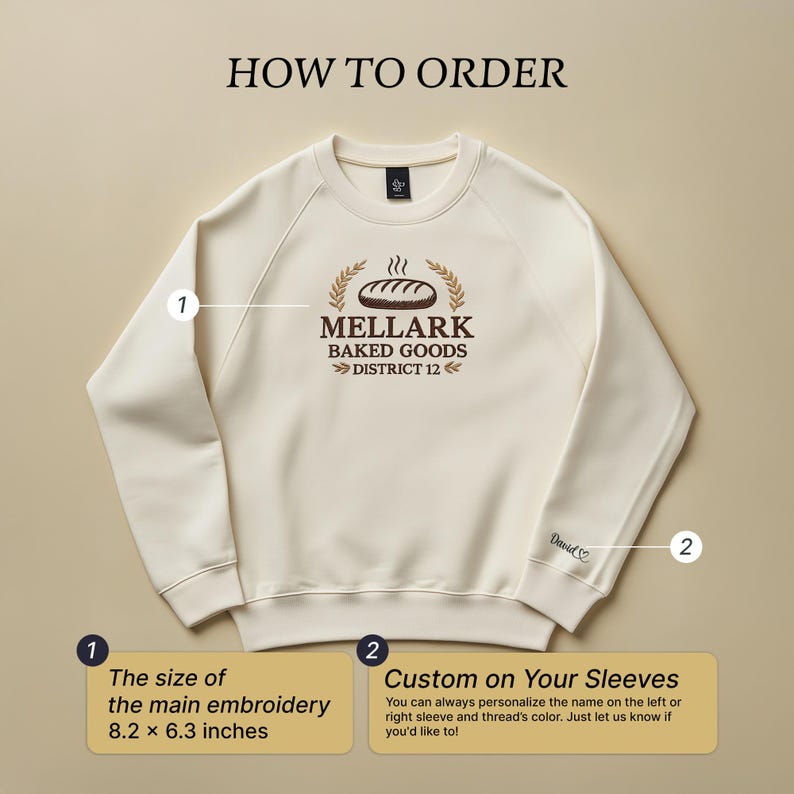 This "Mellark Baked Goods" sweatshirt features a deliciously fun graphic inspired by District 12 from The Hunger Games. The bread design with elegant laurel wreaths makes a unique, cozy statement for any fan. Made from soft, high-quality fabric, it’s perfect for casual wear, layering in cooler months, or gifting to your favorite Hunger Games enthusiast. Celebrate your love for the books with this stylish, comfortable sweatshirt!