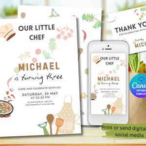 Our Little Chef Birthday Invitation | Editable Cooking Party Invite | Savory Kitchen Theme | Minimal Design | Digital Download