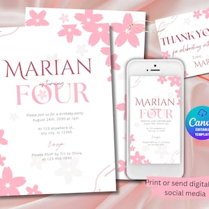 Editable Cherry Blossom Birthday Invitation, Pink Flower Sakura Template, Elegant Minimalist Canva Invite, Any Age, Great for “O” Numbers