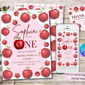 Editable Apple Birthday Invitation, Apple of Our Eye 1st or 2nd Birthday Invite, Autumn Theme, Girl Party | Canva Digital Template
