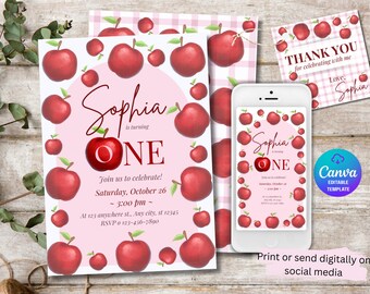 Apple Birthday Invitation: "Apple of Our Eye" Girl Party (Canva Digital Template)