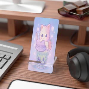 Kawaii Boba Cat Phone Stand – Cute Bubble Tea Mobile Holder for Desk Setup – Aesthetic Gift for Her