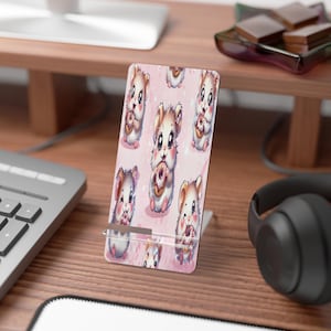 Kawaii Hamster Donut Phone Stand – Cute Chibi Animal Desk Holder – Pastel Pink Mobile Display for Boba Tea & Donut Lovers