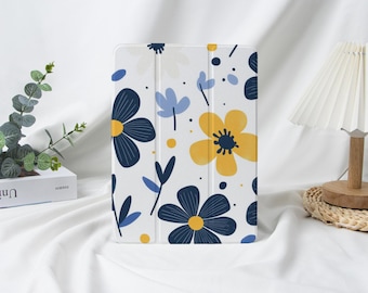 Blue Yellower Flower iPad Case With Pencil Holder for 2025 Air 7-11/13″,iPad Mini 6/7,iPad Pro 13" 12.9" 11",iPad 10/9/8,iPad Cover