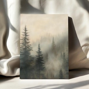 Framed Canvas Wall Art,Misty Forest Art,Landscape Prints,Nature Woodland Painting,Living Room Decor,Botanical Prints,Wispy Pine Tree Decor