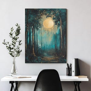 Moon Stars Framed Canvas Wall Art,Moon Forest Print,Landscape Nature Decor,Vintage Framed Wall Art,Farmhouse Canvas Print,Mystical Wall Art