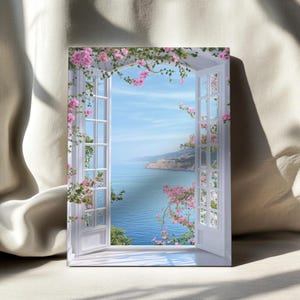 Open Window Canvas Wall Art,Framed Canvas Print,Fake Window Canvas,Ocean Wall Art,Sea View With Flower Print,Modern Living Room Artwork