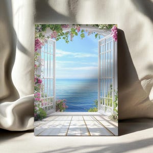 Ocean Wall Art,Sea View With Flower Print,Open Window Canvas Wall Art,Framed Canvas Print,Fake Window Canvas,Modern Living Room Artwork