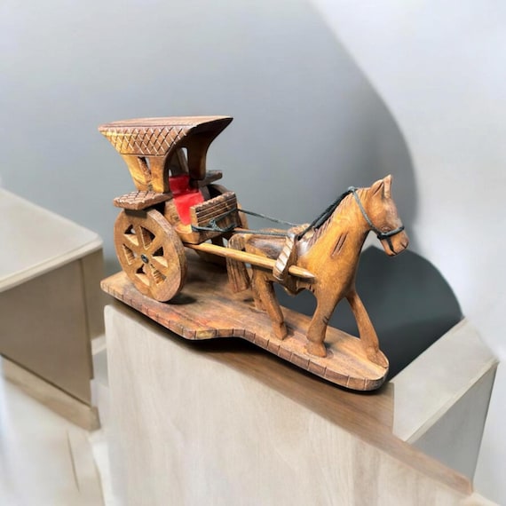手作りの木製の馬とカート、ギフト、馬車を引く馬、彫刻、ヴィンテージ