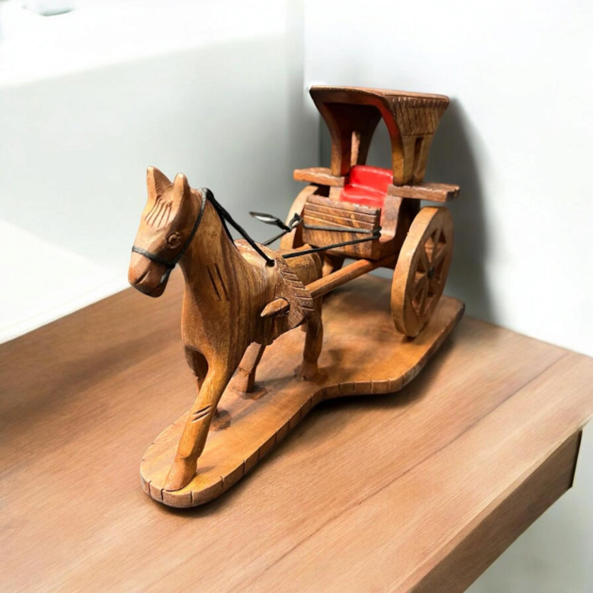 手作りの木製の馬とカート、ギフト、馬車を引く馬、彫刻、ヴィンテージ