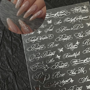 Silver metallic nail stickers gothic script letter decals cursive word stickers butterfly accent nail art 3d embossed silver wraps for women