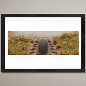 May include: A surreal landscape featuring a circular opening in the ground, surrounded by a series of steps leading down into the unknown. The scene is bathed in a soft, ethereal light, creating a sense of mystery and wonder.