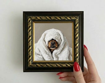 Schlafender Hund Mini Ölgemälde Original Leinwand Wandkunst Haustier Porträt umrahmt Kleines Kunstwerk