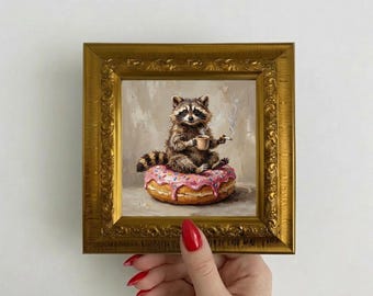 Raccoon Oil Painting Hand Painted Animal Wall Art Donut Artwork, Whimsical Home Decor