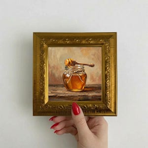 Hand Painted Honey Jar Oil Painting Small Framed Art Rustic Kitchen Wall Art