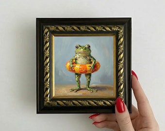 Frosch Pool Floß Ölgemälde Original Mini gerahmte Kunst Tier Kunstwerk