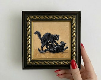 Original Fighting Cat Oil Painting Funny Animal Wall Art Home Decor