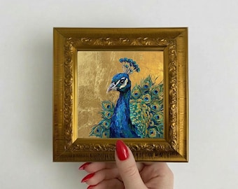 Original Peacock Oil Painting Elegant Bird Art Luxury Wall Decor Mini Canvas Artwork