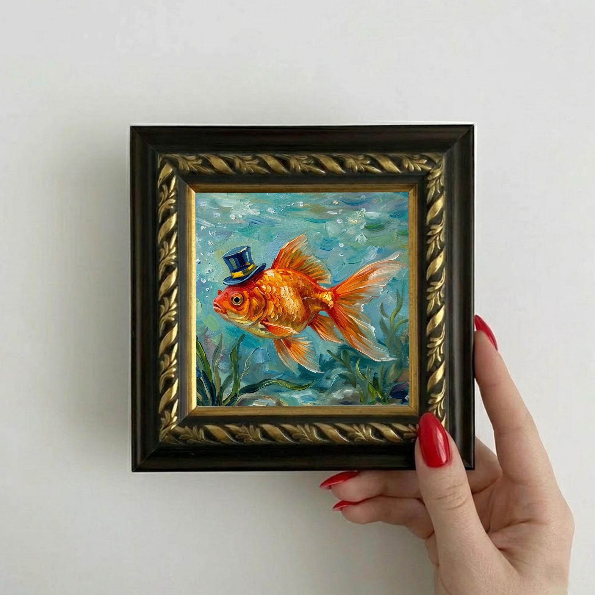 Goldfish Oil Painting Fish Artwork Original Mini Canvas Art Animal Wall ...