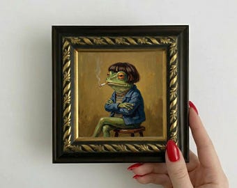 Kikker roken olieverfschilderij origineel mini canvas dieren muur kunst kikker artwork