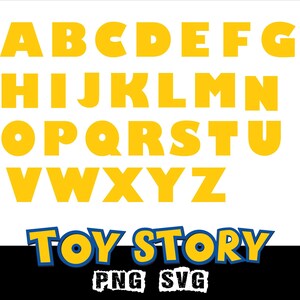 Peut inclure: L'alphabet complet en lettres jaunes et grasses sur fond blanc. Les mots "Toy Story" sont dans un design bleu et jaune, avec "PNG SVG" en dessous. L'image a une bordure noire et blanche.