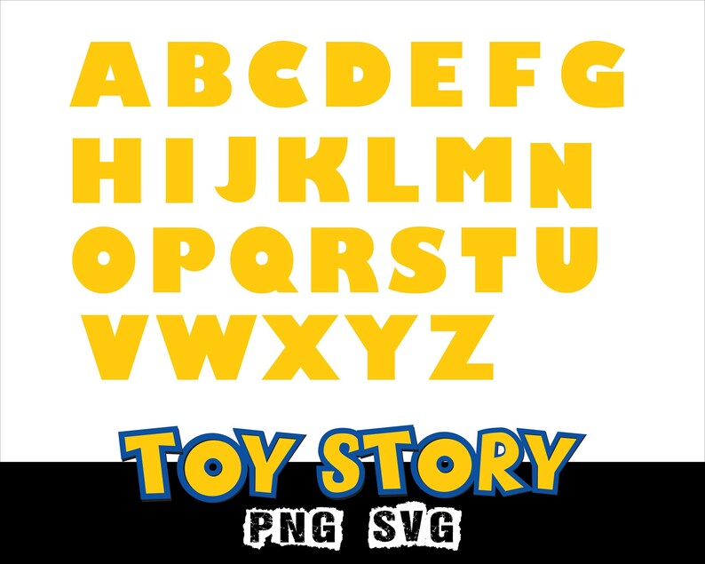 Peut inclure: L'alphabet complet en lettres jaunes et grasses sur fond blanc. Les mots "Toy Story" sont dans un design bleu et jaune, avec "PNG SVG" en dessous. L'image a une bordure noire et blanche.