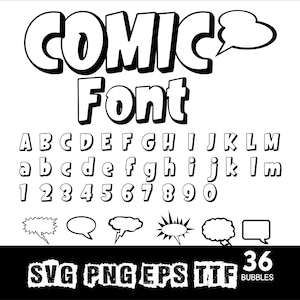 May include: Black and white comic font design featuring uppercase and lowercase letters, numbers, and speech bubbles. The words "COMIC Font" are displayed in bold, outlined letters. Includes SVG, PNG, EPS, and TTF file formats.