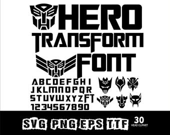 Fuente de dibujos animados Transform Robo Svg Hero Alphabet Superhero Svg para Cricut Svg Png Eps TTF fuente y Head Clipart