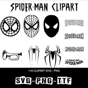 May include: Black and white Spider-Man clipart collection featuring various mask designs, logos, and a trumpet. Includes text that reads "SPIDER-MAN CLIPART", "+10 CLIPART SVG - PNG", and "SVG-PNG-TTF".
