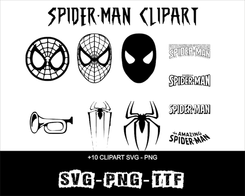 May include: Black and white Spider-Man clipart collection featuring various mask designs, logos, and a trumpet. Includes text that reads "SPIDER-MAN CLIPART", "+10 CLIPART SVG - PNG", and "SVG-PNG-TTF".