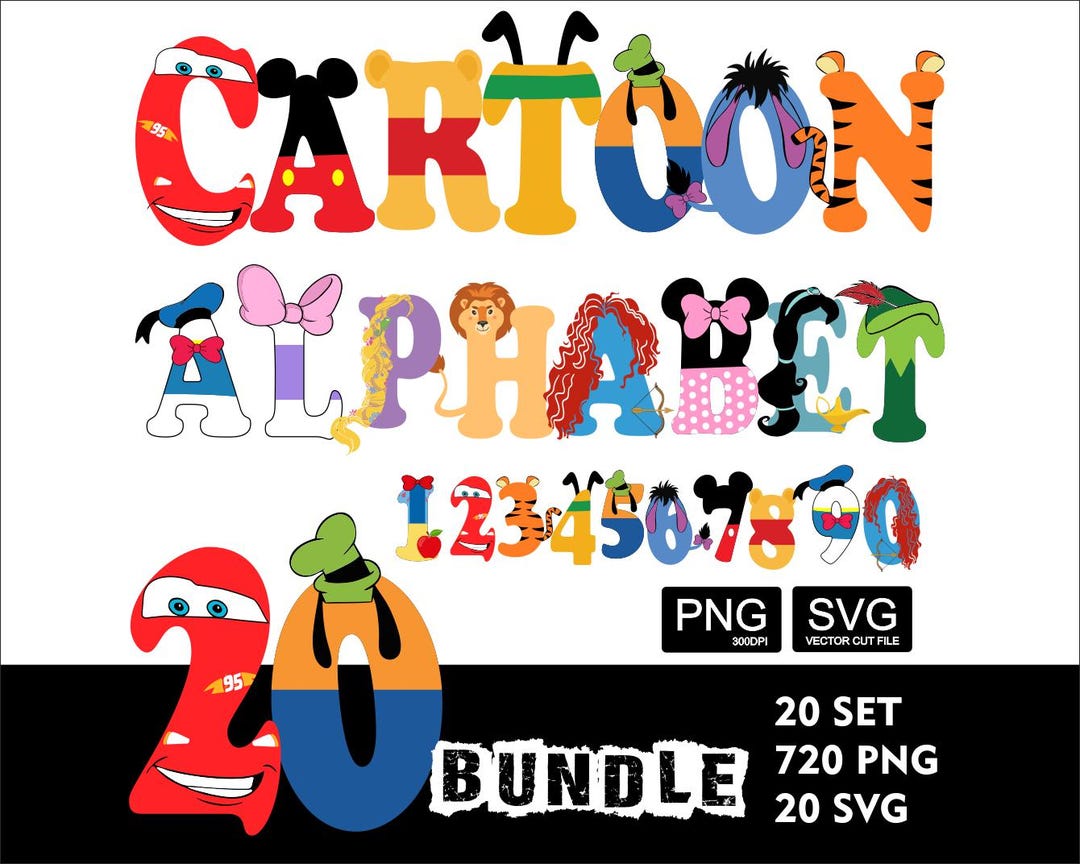 20 BUNDLE Cartoon Doodle Mickey Cars Princess Alphabet Pooh Donald