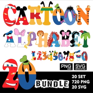 May include: A colorful cartoon alphabet and number set featuring characters like Mickey Mouse, Donald Duck, and Lightning McQueen. The image includes the words "CARTOON ALPHABET" and numbers 1-0, with the text "20 BUNDLE" at the bottom.