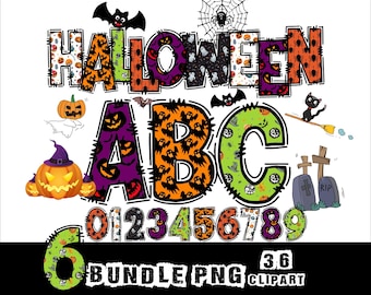 Halloween Alphabet 6 BUNDLE Halloween PNG Font Spooky Alphabet Haloween Letters Halloween Doodle and 36 Clipart