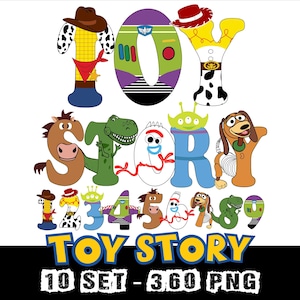 May include: A colorful graphic featuring the words "TOY STORY" in large, stylized letters, each designed to resemble characters from the movie. Below, the numbers 1-9 are also designed as characters. The text "10 SET - 360 PNG" is at the bottom.
