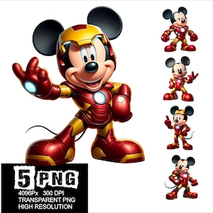 Op de afbeelding: Vijf digitale afbeeldingen van Mickey Mouse verkleed als Iron Man. Mickey draagt een rood en gouden pak met een rode helm. De afbeeldingen zijn van hoge resolutie en transparante PNG-bestanden.