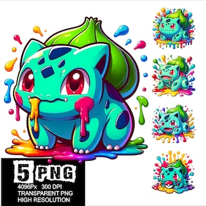 May include: A digital illustration of a teal Bulbasaur character with red eyes and colorful paint splatter effects. The image includes four smaller Bulbasaur illustrations and text that reads "5 PNG" and image resolution details.