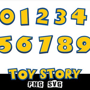 Peut inclure: Ensemble de chiffres jaunes de 0 &agrave; 9 avec des contours bleus, dans une police ludique. En dessous, le texte "TOY STORY" dans le m&ecirc;me style, avec "PNG SVG" en dessous. Le tout sur fond blanc.